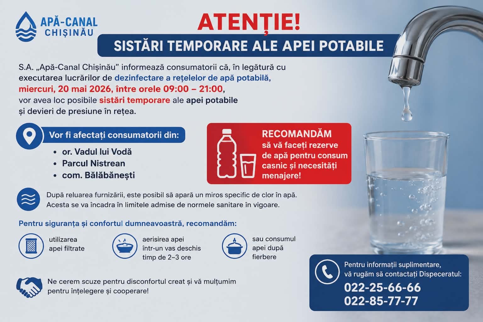 Sistări de apă pentru 20 mai pentru locuitorii din or. Vadul lui Vodă, Parcul Nistrean și com. Bălăbănești!